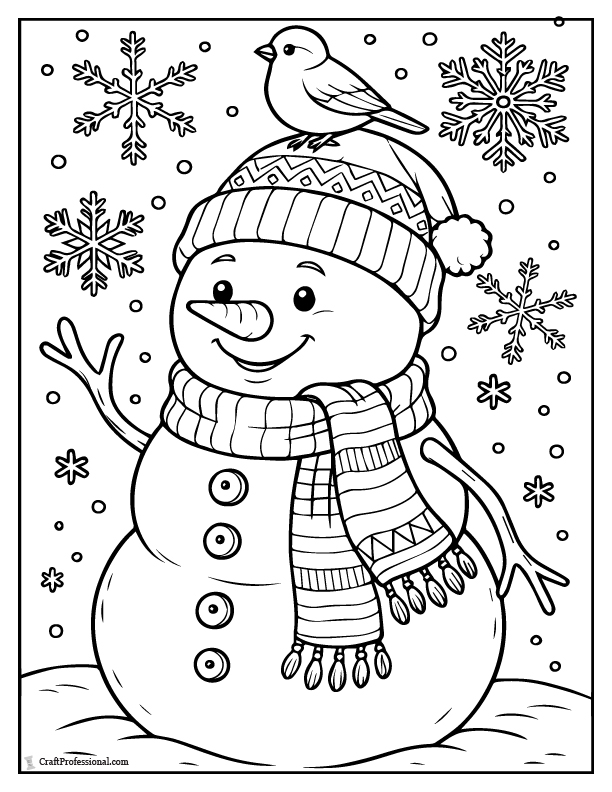 Snowman with a bird on his hat, coloring page.