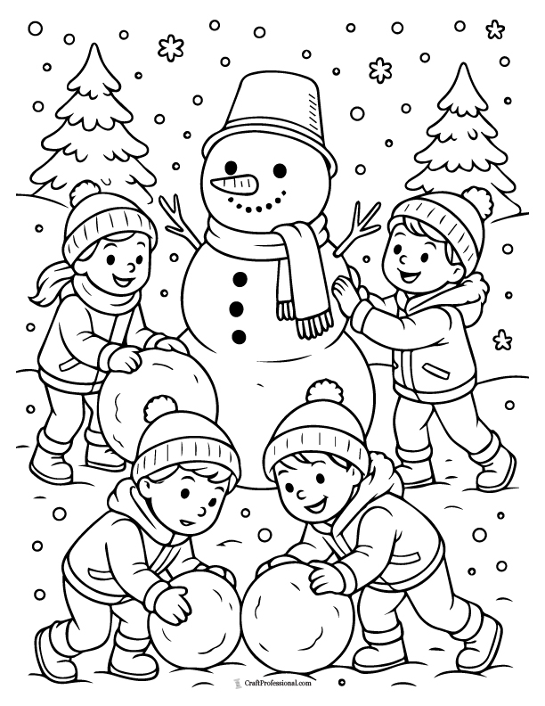 Children building a snowman, coloring page.