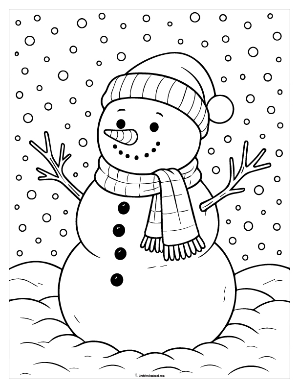 Snowman under falling snow, coloring sheet.