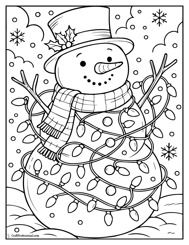 Snowman with a Christmas light strand as a scarf coloring sheets.