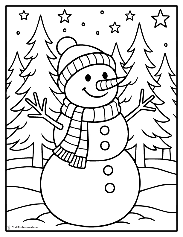 Snowman in a snowy forest, coloring page.