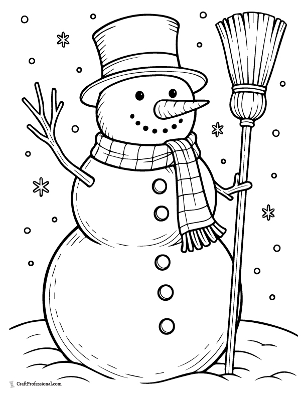 Traditional snowman with top hat & broom, coloring page.