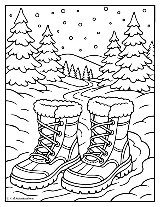 Winter boots on a snowy trail coloring pages