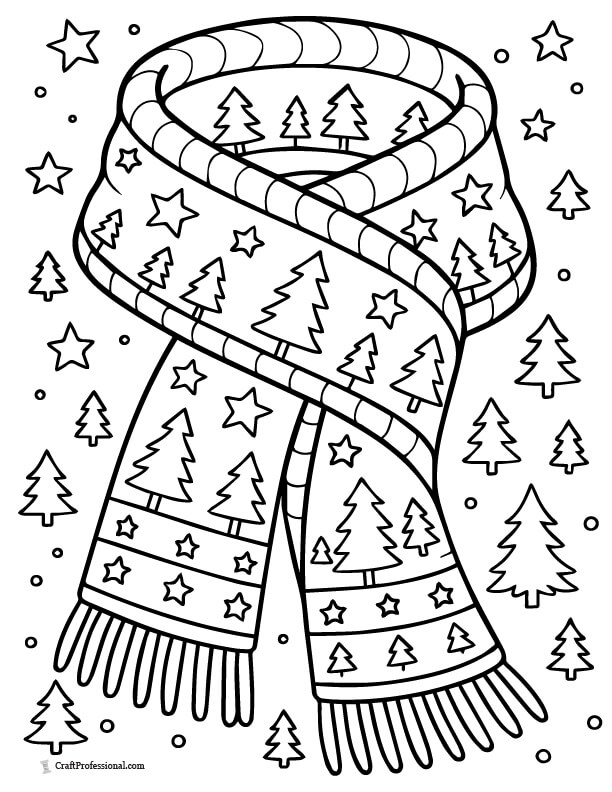 Cozy scarf with stars and trees coloring page