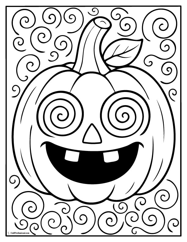 Jack o’lantern with swirly eyes and comic mouth Laughing pumpkin with gap teeth coloring page