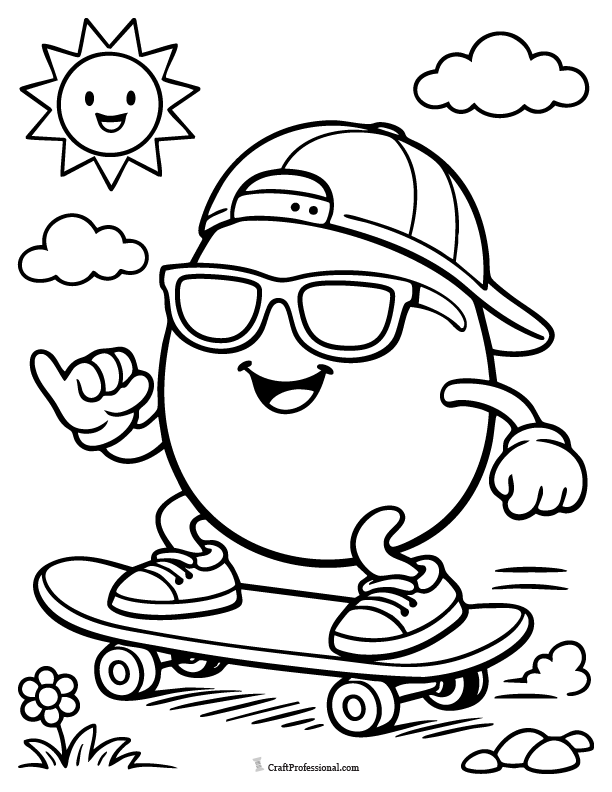 Easter egg skateboarder coloring page with sunglasses and a backwards baseball cap.
