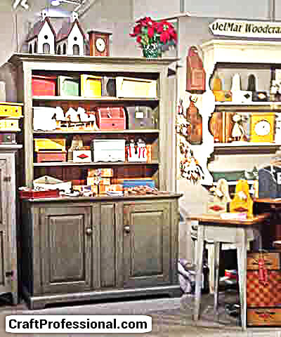 Handmade home decor displayed on farmhouse style shelves. Handmade home decor displayed on farmhouse style shelves.