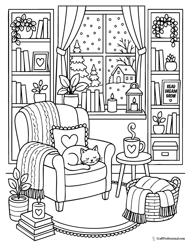 Detailed winter coloring page for adults featuring a cozy reading nook, snowy window, books, blanket, and cat.