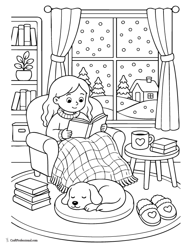 Cozy winter coloring page with a child reading beside a snowy window and sleeping pet.