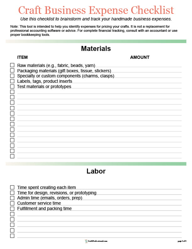 Printable craft business expense checklist with categorized sections for materials, labor, overhead, and marketing costs.