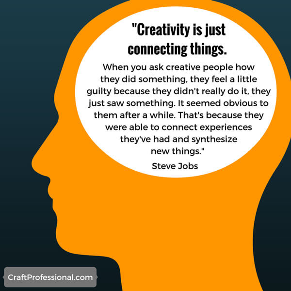 Silhouette graphic of head with text inside: Creativity is just connecting things. Steve jobs