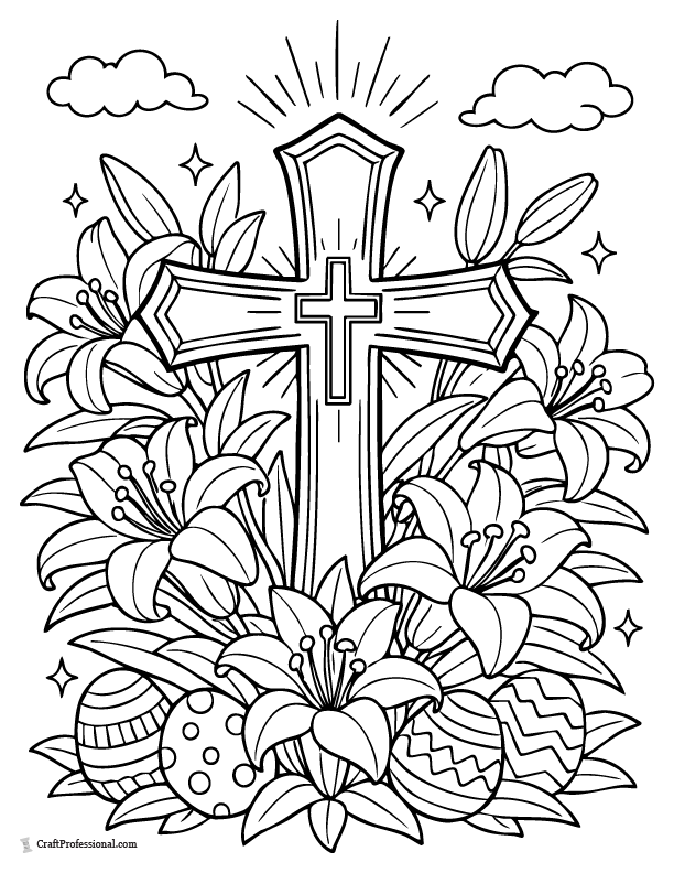 Christian cross surrounded by Easter lilies coloring page.
