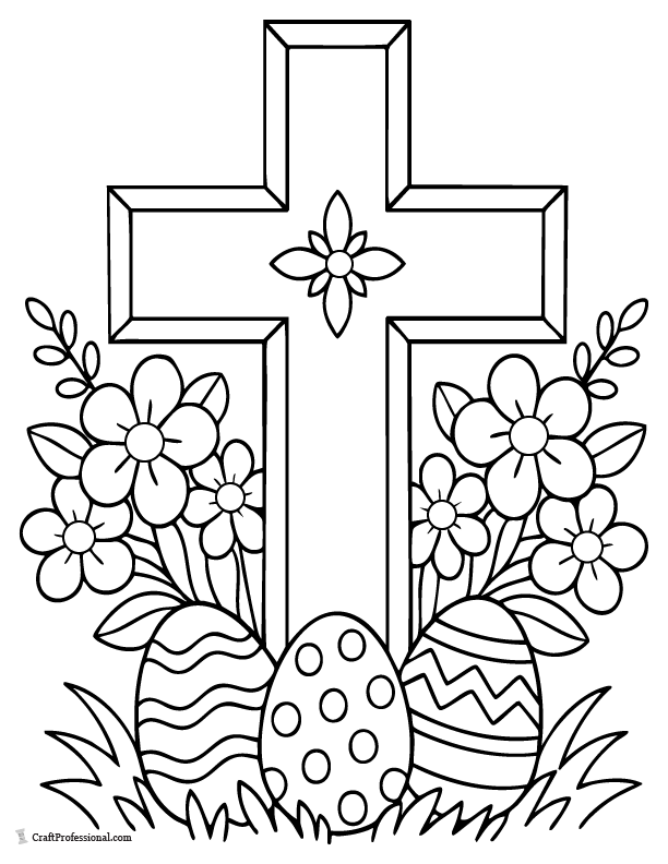 Cross with flowers and Easter eggs religious coloring page printable.