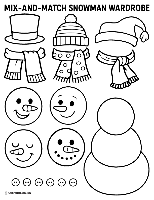 Mix-and-match snowman wardrobe, with multiple hats, scarves, buttons, and faces, cut and color activity sheet.