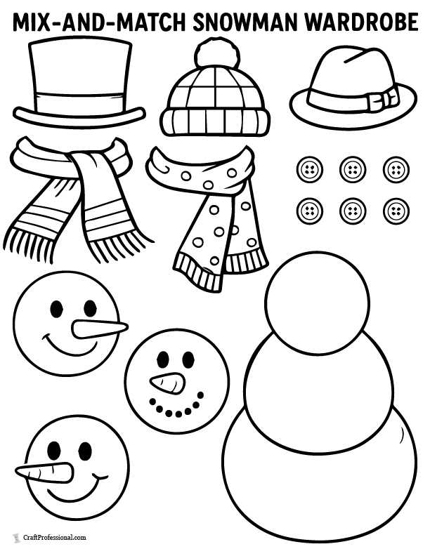 Mix-and-match snowman cut and color activity sheet, with hats, scarves, buttons, and faces.