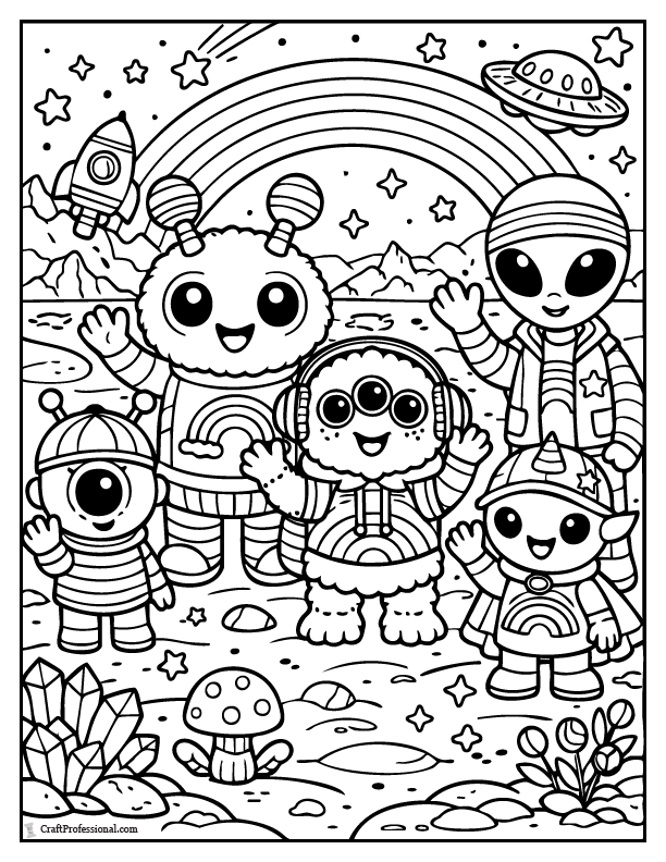Friendly aliens wearing rainbow accessories waving from a distant galaxy in a fun coloring page.