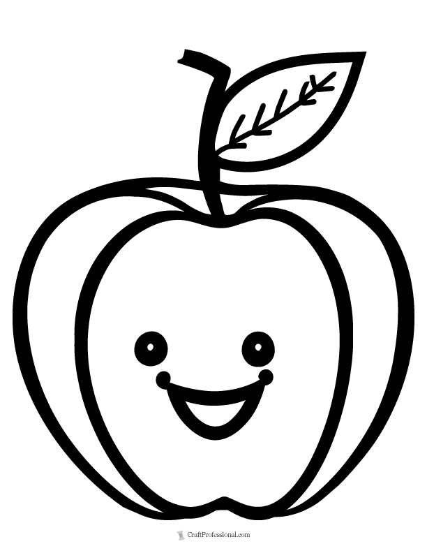 Coloring page of an apple with a cute, smiling face.