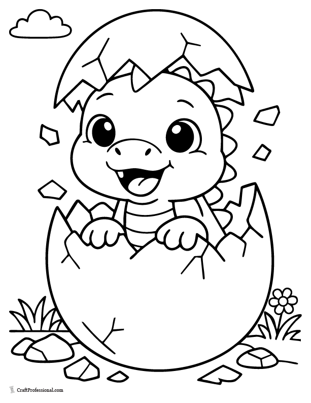 Cute baby dinosaur hatching from egg coloring page
