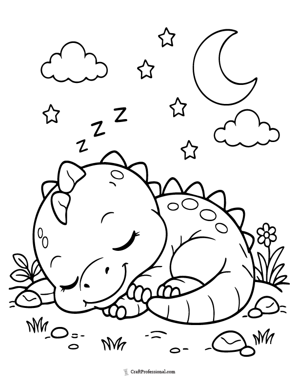 Cute baby dinosaur sleeping coloring page