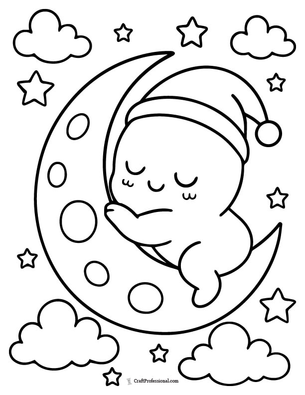 Baby ghost sleeping on a moon, easy coloring page