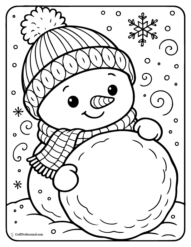 Baby snowman in a snowball, coloring page.
