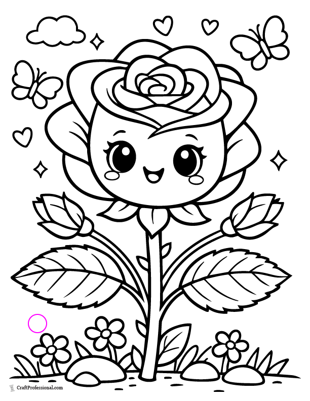 Cute cartoon rose coloring page with smiling face.