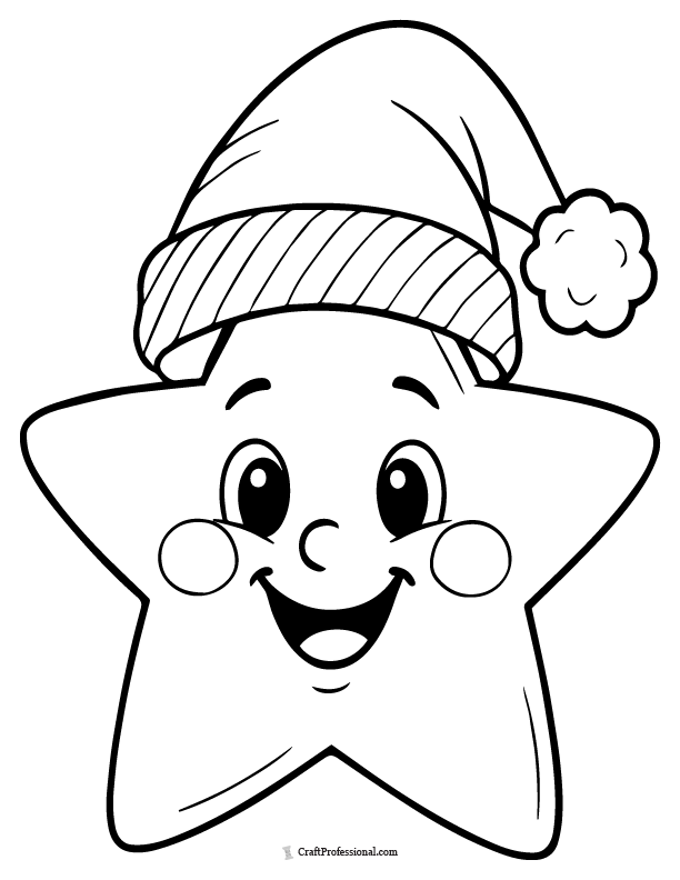 Cute, cartoon smiling star wearing a Santa hat, coloring page.