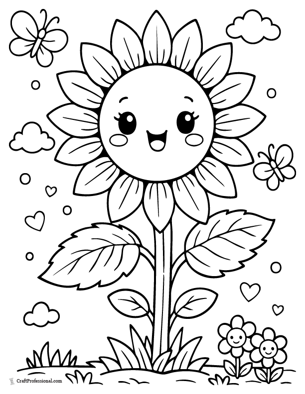 Cute cartoon sunflower coloring page with friendly expression.