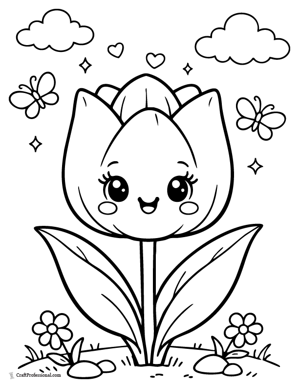 Cute cartoon tulip coloring page with smiling face.
