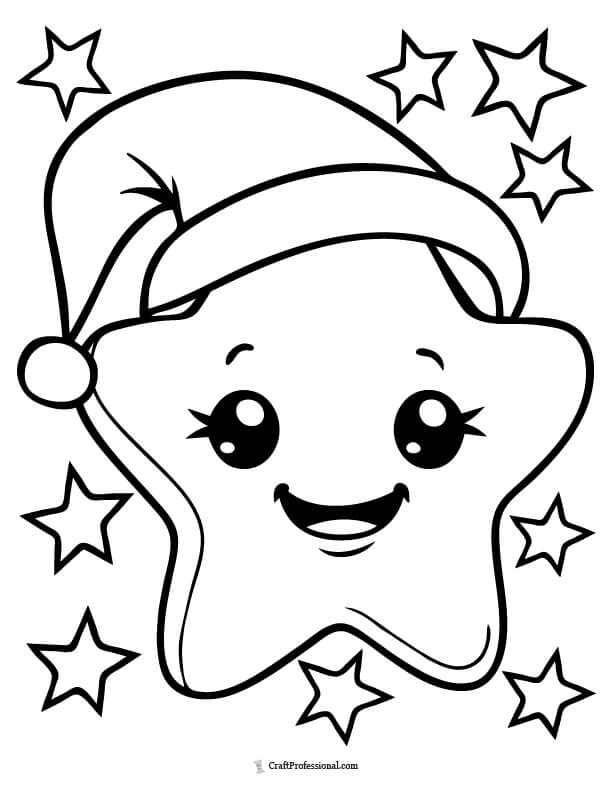 Cute, smiling cartoon star wearing a Santa hat coloring page