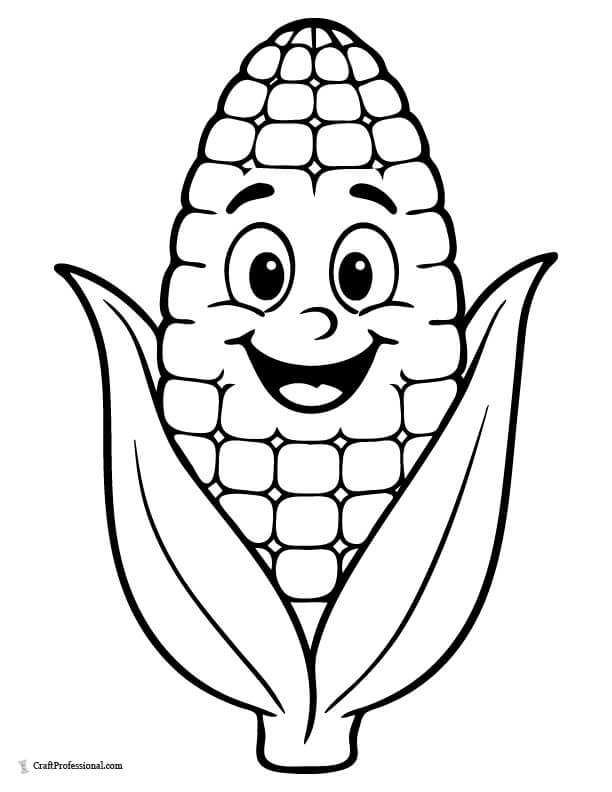 Cartoon smiling ear of corn coloring page
