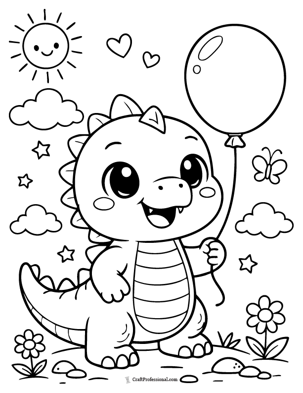 Cute dinosaur with a balloon coloring page