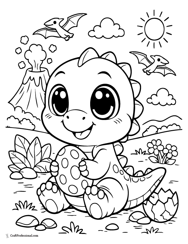 Cute dinosaur with big eyes coloring page