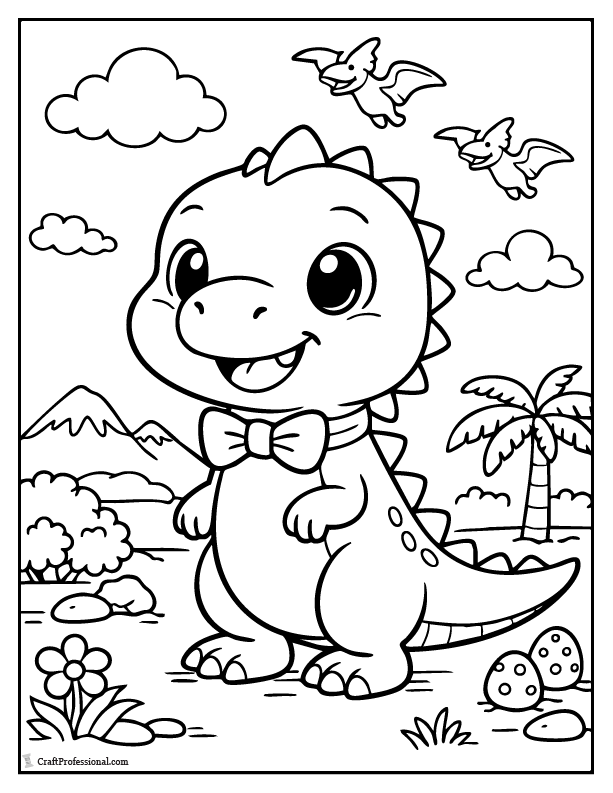 Cute dinosaur wearing a bow tie coloring page