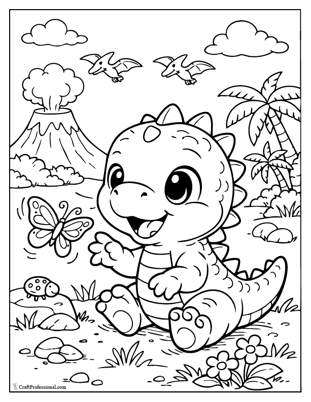 Cute dinosaur playing with a butterfly coloring page