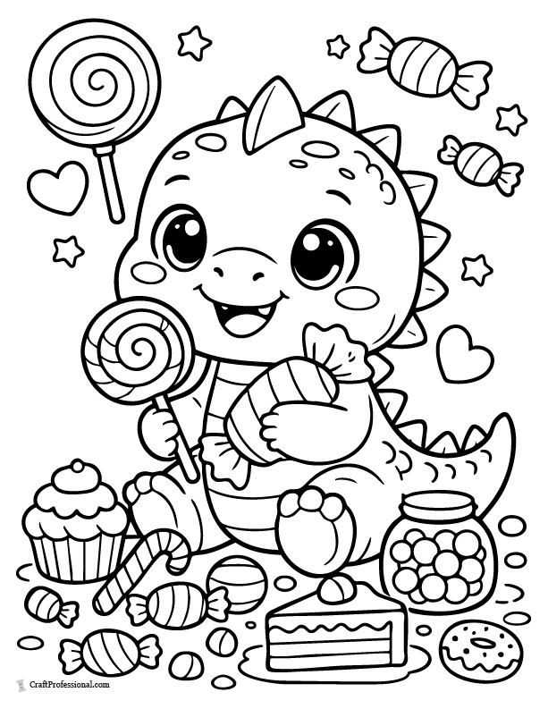 Cute dinosaur with candy coloring page