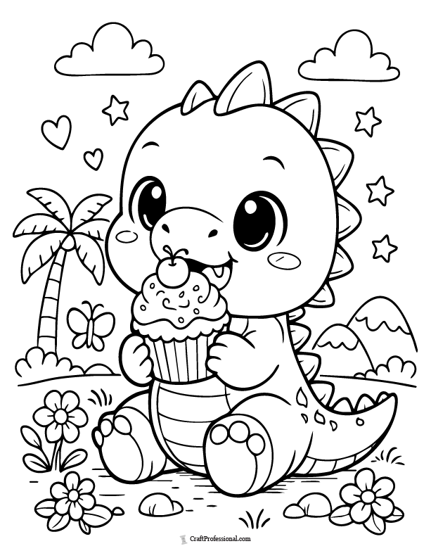 Cute dinosaur eating a cupcake coloring page