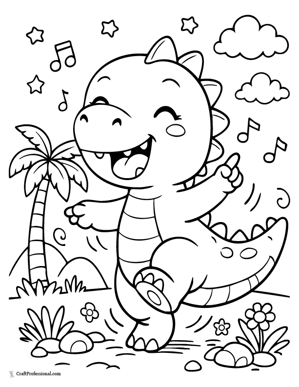 Cute dinosaur dancing coloring page