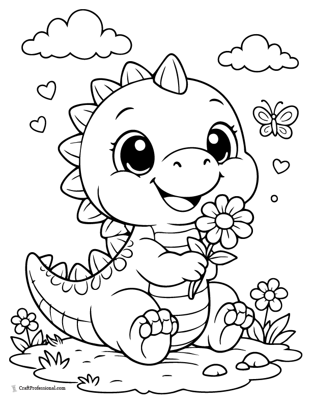 Cute smiling dinosaur with flower coloring page