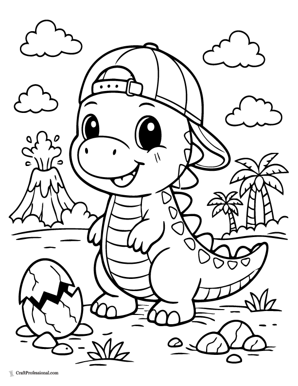 Cute dinosaur wearing a hat coloring page
