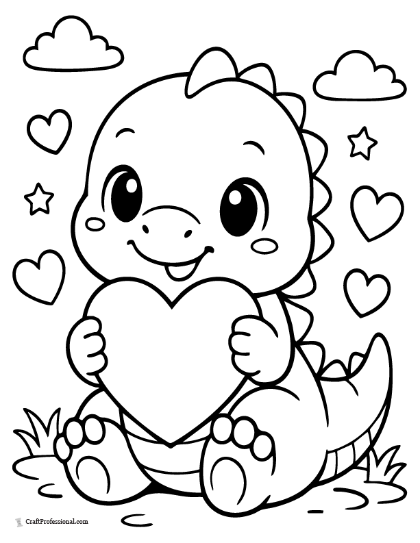Cute dinosaur holding heart coloring page