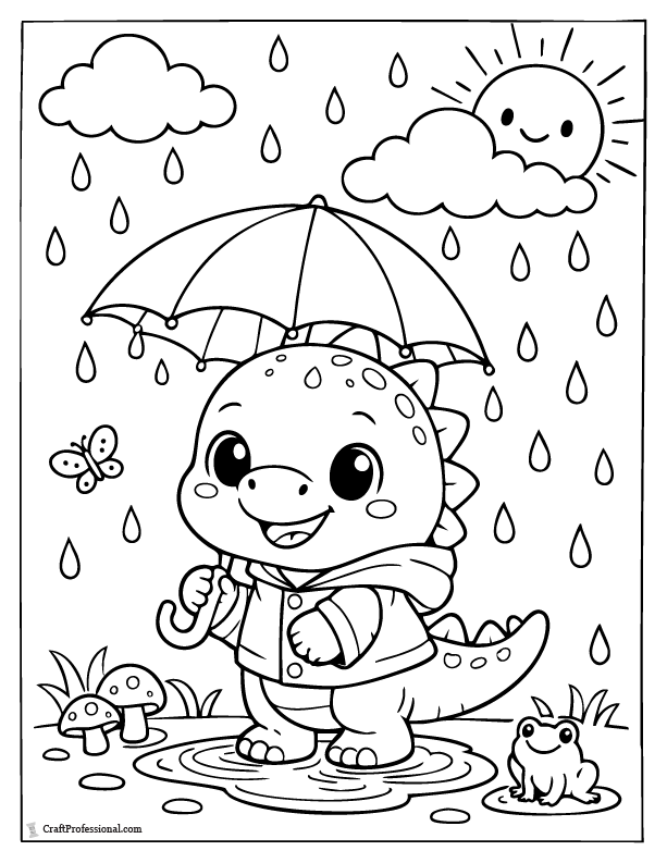 Cute dinosaur in the rain coloring page