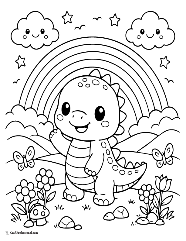 Cute dinosaur with a rainbow coloring page