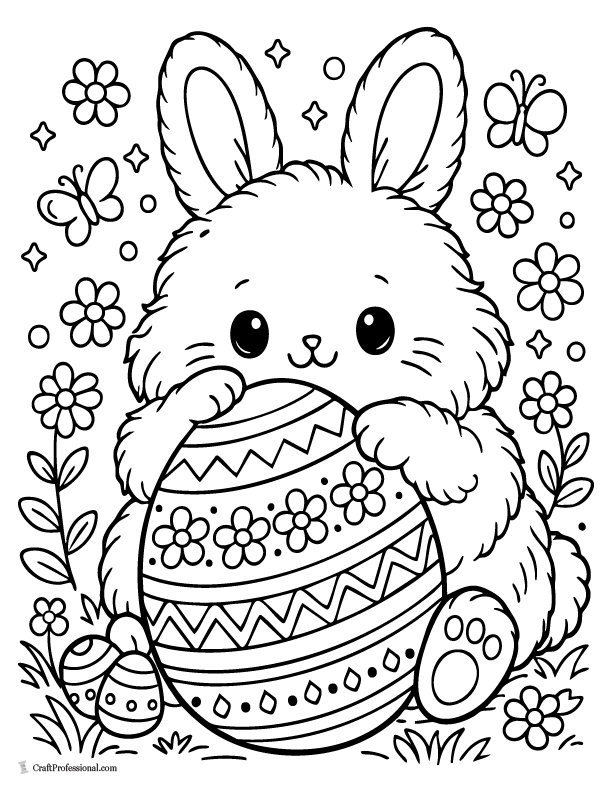 Cute Easter bunny coloring page with round fluffy bunny holding an oversized decorated egg, printable for kids.