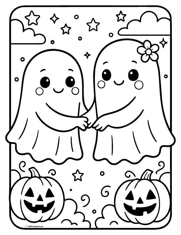Two cute ghosts holding hands, coloring sheet