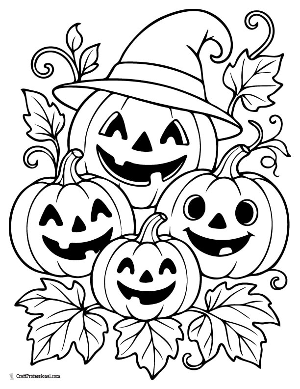 Jack o'lantern family, mom, dad, and two baby pumpkins amid leaves, coloring page