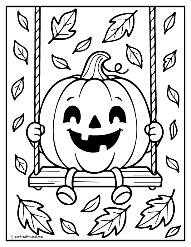 Jack o'lantern on a swing with leaves falling around, coloring page.