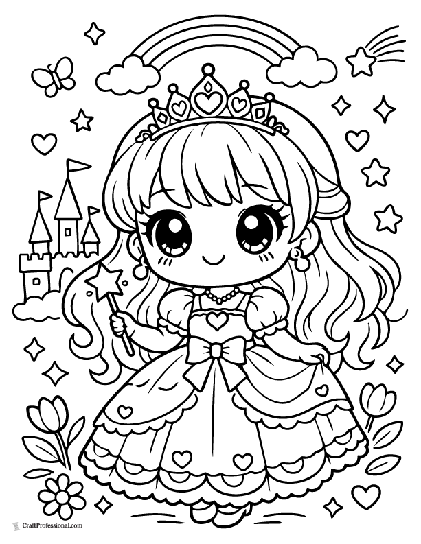 Cute kawaii princess coloring page with oversized eyes