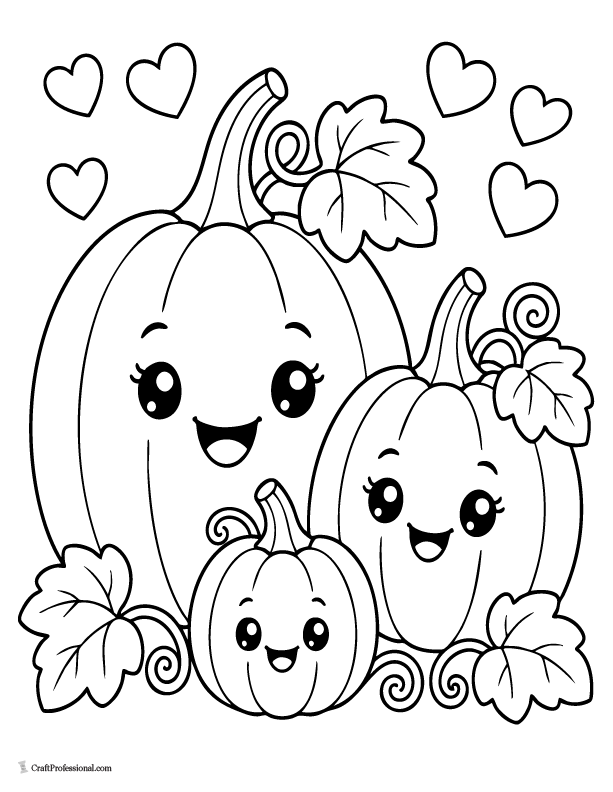 Cute kawaii pumpkin family coloring page with smiling pumpkins for kids.
