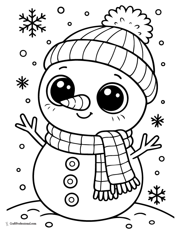 Kawaii snowman with big eyes, coloring page.